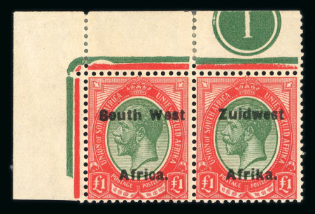Stamp of South West Africa 1924 Type VI, 16mm overprint £1 green and red top left corner marginal plate pair mnh