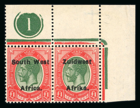 Stamp of South West Africa 1924 Type VI, 16mm overprint £1 green and red top left corner marginal plate pair mint