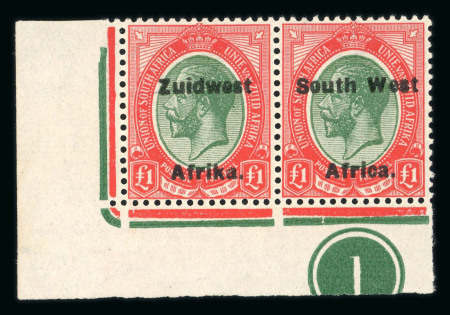 Stamp of South West Africa SWA 1924 Type VI ovpt 16mm £1 bottom left plate pair mnh
