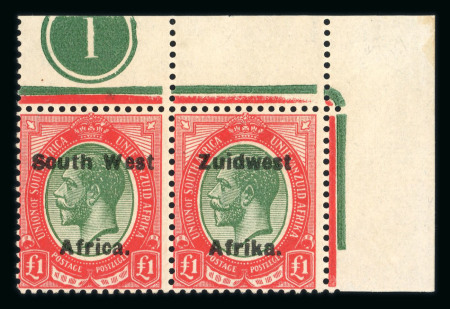 Stamp of South West Africa SWA 1924 Type VI ovpt 16mm £1 top left plate pair mh