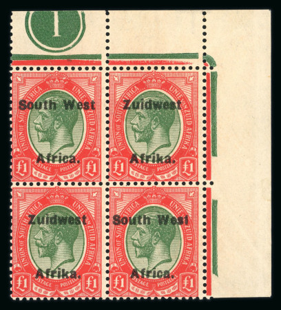 Stamp of South West Africa SWA 1924 Type VI ovpt 16mm £1 top right plate block of 4 mnh