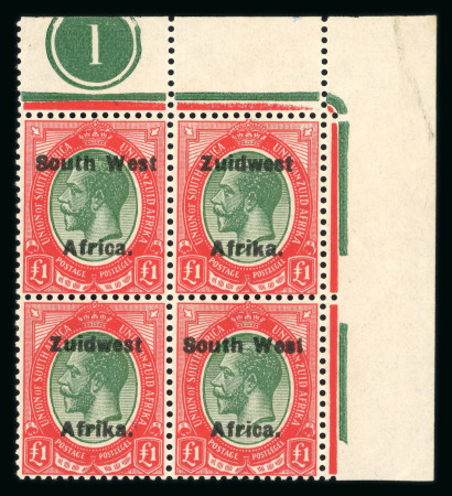Stamp of South West Africa SWA 1924 Type VI ovpt 16mm £1 top right plate block of 4 mnh