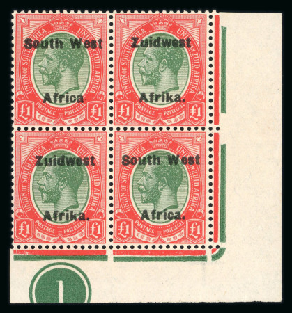 Stamp of South West Africa SWA 1924 Type VI ovpt 16mm £1 bottom right plate block of 4 missing stop mnh
