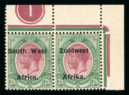 Stamp of South West Africa SWA 1924 Type VIa ovpt 16.5mm 2/6d corner marginal plate pair mnh