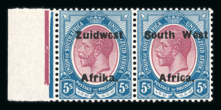 Stamp of South West Africa SWA 1924 Type VIa ovpt 16.5mm 5/- left marginal  pair mnh