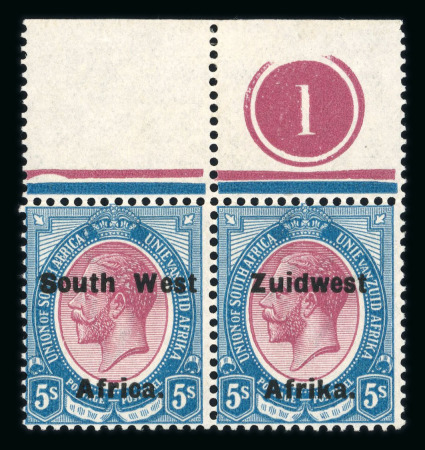 Stamp of South West Africa SWA 1924 Type VIa ovpt 16.5mm 5/- plate pair mnh