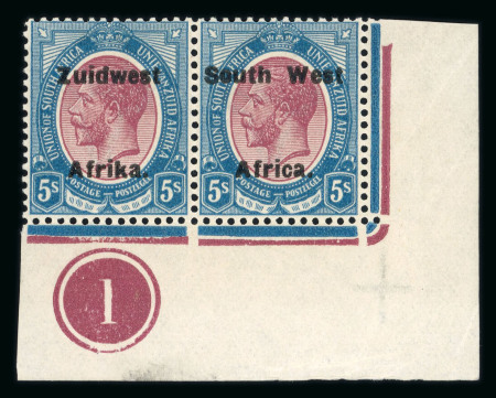 Stamp of South West Africa SWA 1924 Type VIa ovpt 16.5mm 5/- bottom plate marginal pair mnh