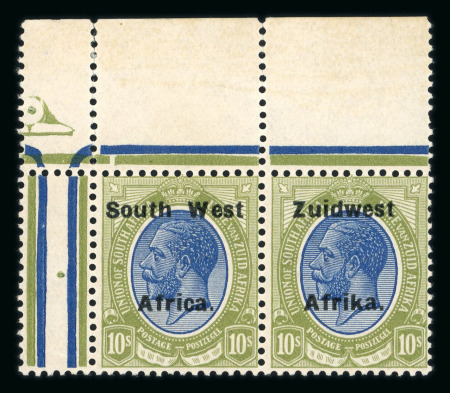 Stamp of South West Africa SWA 1924 Type VIa ovpt 16.5mm 10/- top marginal pair mnh