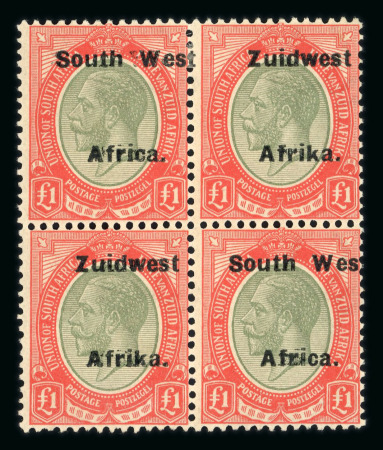 Stamp of South West Africa SWA 1924 Type VIa ovpt 16.5mm £1 shade block 4 shift mh