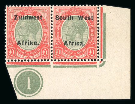 Stamp of South West Africa SWA 1924 Type VIa ovpt 16.5mm £1 shade plate pair mnh