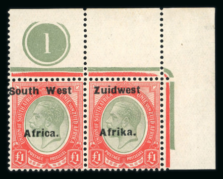 Stamp of South West Africa SWA 1924 Type VIa ovpt 16.5mm £1 shade plate pair mnh