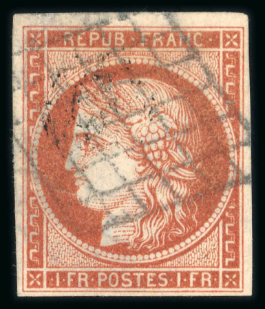Stamp of France » Type Cérès de 1849-1850 1849, Cérès Y&T n°7 1fr vermillon oblitéré grille,