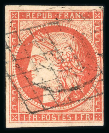 Stamp of France » Type Cérès de 1849-1850 1849, Cérès Y&T n°7a 1fr vermillon vif oblitéré grille.