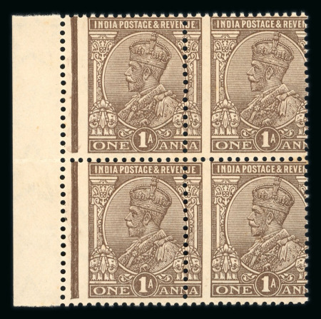 Stamp of India » 1855-1946 De La Rue and later Crown Colony Issues 1926-33. 1a. Chocolate left marginal block of four showing misplaced perforations 3mm to the left