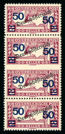 Stamp of Austria » Deutsch-Österreich Austria Österreich 1919 2H Eilmarke mit zusätzlichen Aufdruck 50H in senkr. Streifen mit Abart: UNGEZ. MITTE