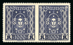 Stamp of Austria » 1st. Republic Austria Österreich 1922-24 Frauenkopf 1000K waagr. Paar UNGEZÄHNTE MITTE