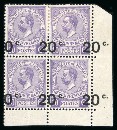 Stamp of Colonies françaises » Monaco 1919, taxe Y&T n°11, bloc de 4 timbres avec surcharge