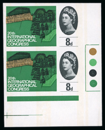 Stamp of Great Britain » Queen Elizabeth II 1964 Geographical Congress 8d (phosphor) imperf. imprimatur in mint n.h. lower right corner marginal vertical pair