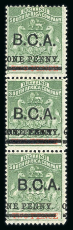 Stamp of Nyasaland » British Central Africa 1895 "ONE PENNY." on 2d sea-green and vermilion with double surcharge error in mint vertical strip of three