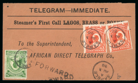 Stamp of Nigerias » Niger Coast Protectorate Sapele: 1898 (Aug 3) Printed telegram envelope sent to the African Direct Telegraph Co. with 1897-98 1/2d and two 1d