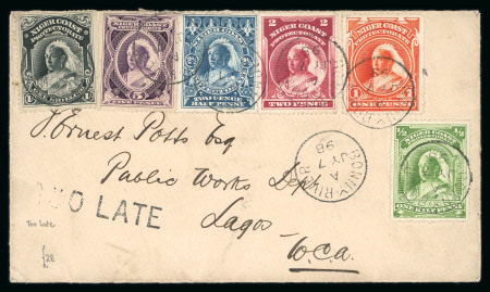 Stamp of Nigerias » Niger Coast Protectorate Bonny River: 1898 (Jul 7) envelope with 1894 set of six tied by Bonny River cds with scarce "TOO LATE" hs below