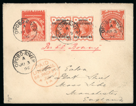 Stamp of Nigerias » Niger Coast Protectorate Opobo River: 1896 (Jul 3) envelope to England with 1892 1/2d vermilion pair, 1894 (1 Jan) 1/2d and 1894 (May) 1d