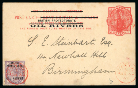 Stamp of Nigerias » Niger Coast Protectorate Benin River: 1893 (Aug 3) 1d postal stationery card uprated with 1892-94 1d lilac both cancelled by Benin River code C cds in red