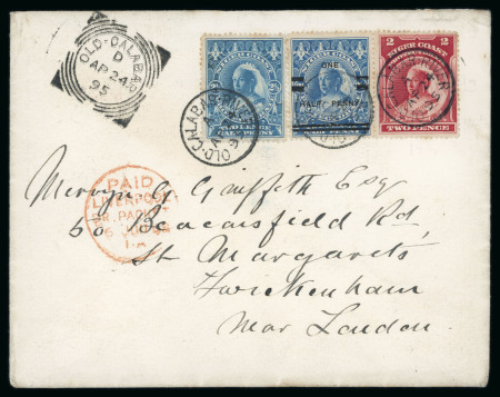 Stamp of Nigerias » Niger Coast Protectorate Old Calabar River: 1895 (Apr 24) envelope sent to England with the scarce 1894 1/2d on 2 1/2d along with 1894 2d and 2 1/2d