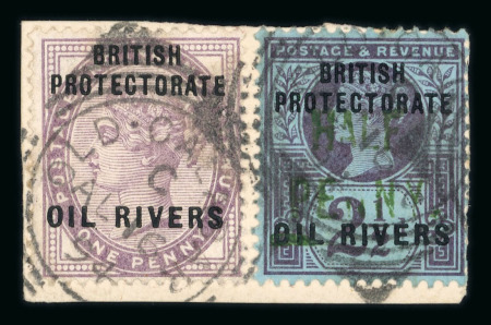 Stamp of Nigerias » Niger Coast Protectorate 1893 1/2d (type 4) on 2 1/2d in green on small piece with 1892-94 1d lilac tied by Old Calabar River squared circle ds