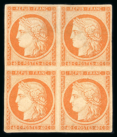 Stamp of France » Type Cérès de 1849-1850 1849, Cérès Y&T n°5A, 40c orange en bloc de quatre