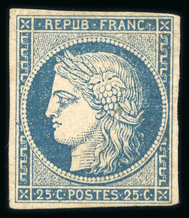 Stamp of France » Type Cérès de 1849-1850 1849, Cérès Y&T n°4, 25c bleu, neuf * gomme légèrement