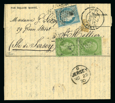Stamp of France » Ballons Montés 1870, très beau pli adressé à St Hélier, île de Jersey