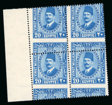 Stamp of Egypt » 1922-1936 King Fouad I Definitives » Issued Stamps 1927-37 King Fouad 2nd Portrait Issue: 20m pale blue, type II, mint nh left sheet marginal block of four, showing Royal oblique perforations