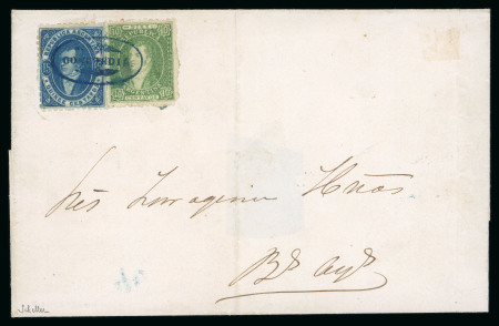 Stamp of Argentina 1864, Rivadavia 10c green semi-worn impression and 15c blue clear impression on folded entire