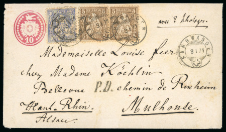 Stamp of Switzerland / Schweiz » Sitzende Helvetia Gezaehnt » Briefmarken 1867-1878 1874, Tüblibrief 10 Rp., mit Zusatzfrankatur