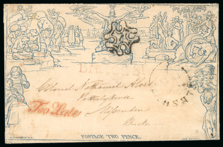 Stamp of Great Britain » 1840 Mulreadys & Caricatures » 2d Lettersheets and Envelopes 1843 (Jun 20) 2d Mulready envelope, stereo a195, from London to Buckinghamshire, cancelled by London number "1" in MC