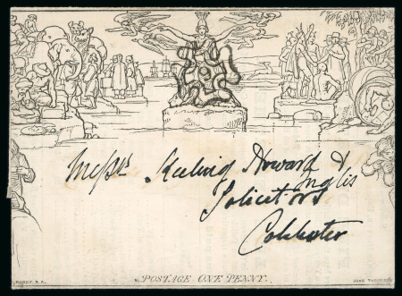 Stamp of Great Britain » 1840 Mulreadys & Caricatures » Advertising Letter Sheets 1843 (Jul 25) 1d Mulready lettersheet, with printed advert inside for the Atlas Assurance Company cancelled by superb London number "9" in MC
