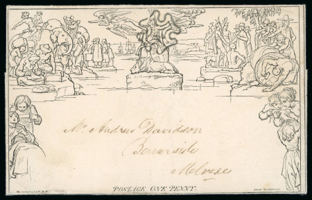Stamp of Great Britain » 1840 Mulreadys & Caricatures » 1d Lettersheets and Envelopes 1842 (May 4) 1d Mulready lettersheet, stereo A23 forme 2, cancelled by superb black thin lined Edinburgh special type 1 MC in black