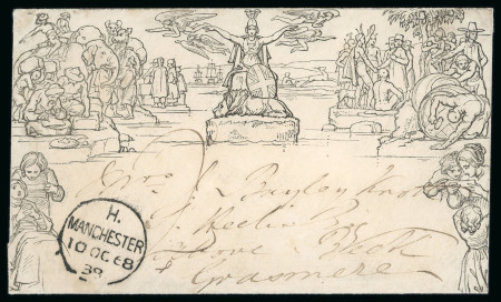 Stamp of Great Britain » 1840 Mulreadys & Caricatures » 1d Lettersheets and Envelopes 1868 (Oct 10) 1d Mulready envelope, stereo A177, sent from Worsley to Grasmere with Britannia uncancelled and ms "2", late usage