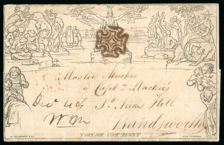 Stamp of Great Britain » 1840 Mulreadys & Caricatures » Advertising Letter Sheets 1840 (Dec 29) 1d Mulready with internal advert for Jell's General & Commercial Envelope and cancelled by brown MC