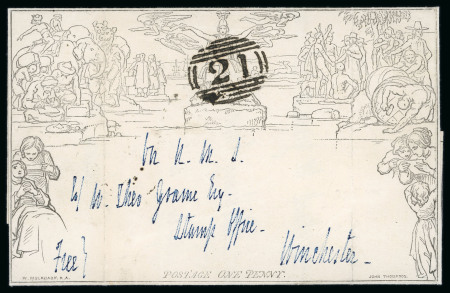 Stamp of Great Britain » 1840 Mulreadys & Caricatures » 1d Lettersheets and Envelopes 1845 (Nov 15) 1d Mulready lettersheet, stereo A10 forme 1, endorsed "O.H.M.S." and cancelled by superb strike of 1844-type "21" numeral
