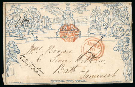 Stamp of Great Britain » 1840 Mulreadys & Caricatures » 2d Lettersheets and Envelopes 1840 (Sep 22) 2d Mulready envelope, stereo a202, sent from London to Bath, underpaid with "MORE / TO PAY" double circle hs