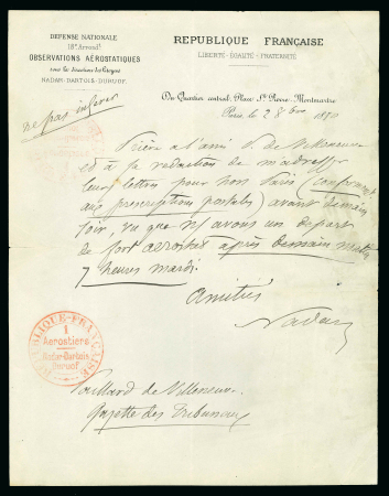 Stamp of France » Ballons Montés 1870, exceptionnel et rarissime document daté du 28