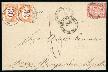 Stamp of Egypt » 1872-75 Penasson 1872 Third Issue lithographic printing 1pi rose-red on front to Italy tied by "Porto-Said" cds with Italian postage dues