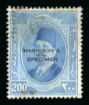 Stamp of Egypt » 1922-1936 King Fouad I Definitives » Issued Stamps 1923-24 First Portrait Issue 200m blue, unissued colour, with "HARRISON'S / SPECIMEN" overprint