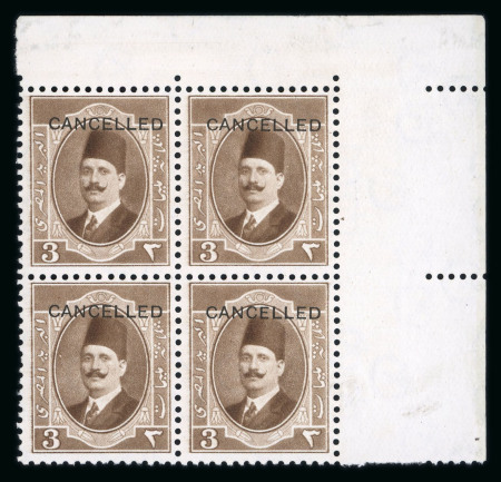 Stamp of Egypt » 1922-1936 King Fouad I Definitives » Issued Stamps 1923-24 First Portrait Issue 3m pale brown with type A "CANCELLED" overprint in mint n.h. top right corner marginal block of four