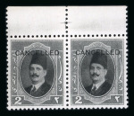 Stamp of Egypt » 1922-1936 King Fouad I Definitives » Proofs and Colour Trials 1923-24 First Portrait Issue: 2m pale black with type A "CANCELLED" overprint in mint n.h. top marginal pair