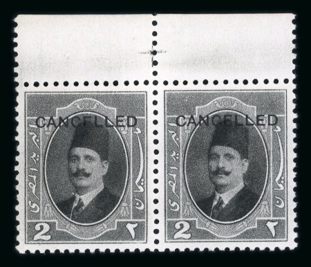 Stamp of Egypt » 1922-1936 King Fouad I Definitives » Issued Stamps 1923-24 First Portrait Issue: 2m pale black with type A "CANCELLED" overprint in mint n.h. top marginal pair