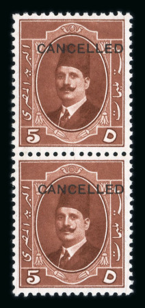 Stamp of Egypt » 1922-1936 King Fouad I Definitives » Issued Stamps 1923-24 First Portrait Issue: 5m chestnut with type A "CANCELLED" overprint in mint n.h. vertical pair