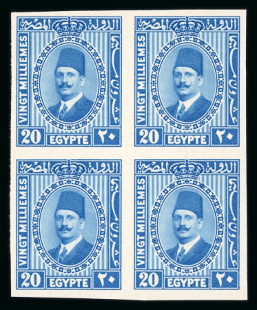 Stamp of Egypt » 1922-1936 King Fouad I Definitives » Issued Stamps 1927-37 Second Portrait Issue: 20m pale blue type II with Royal "CANCELLED" on reverse in block of four